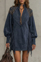 Calvetta | Women's Embroidered Fringe Detail Tunic Mini Dress