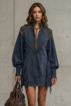 Calvetta | Women's Embroidered Fringe Detail Tunic Mini Dress