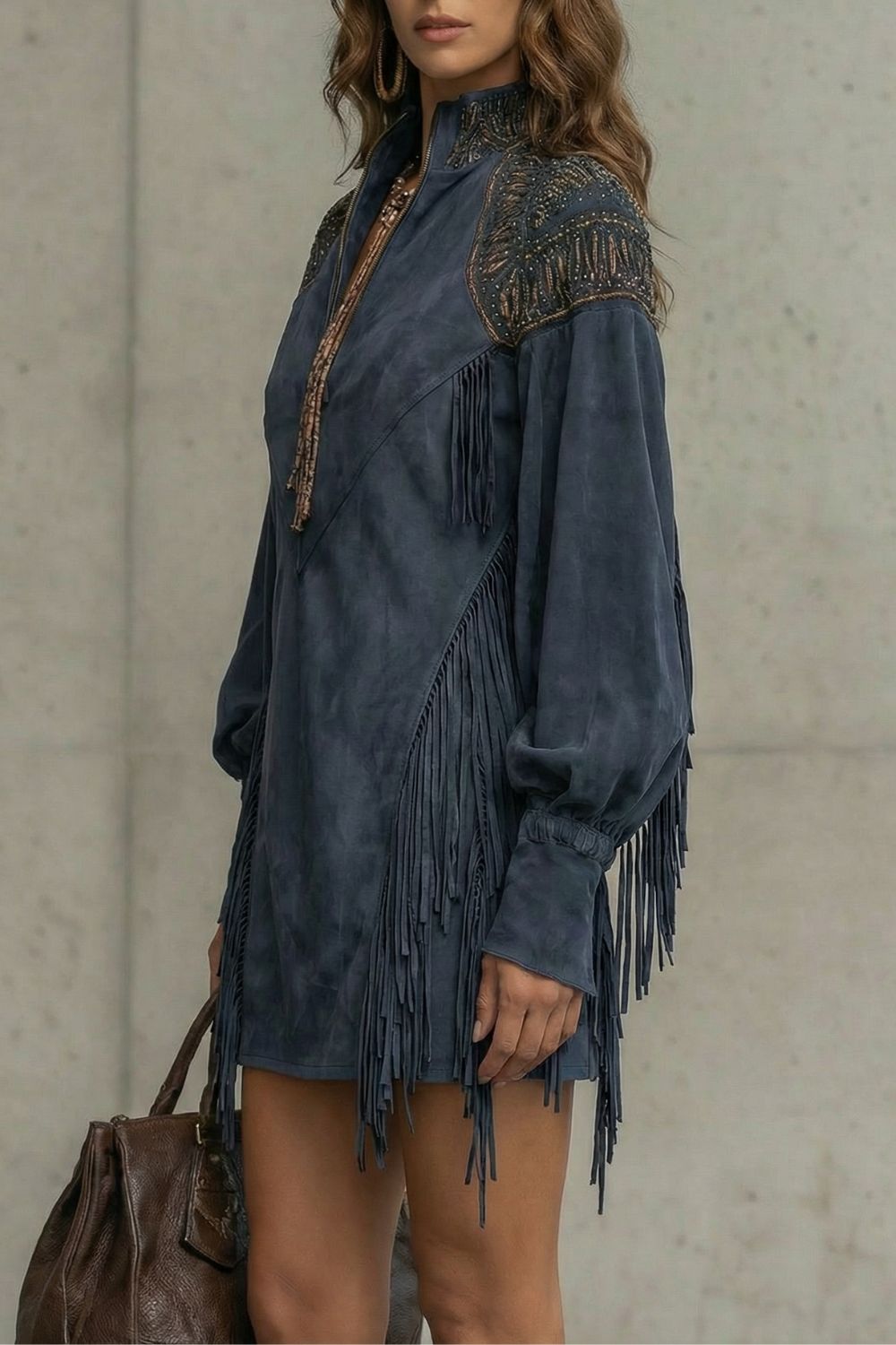 Calvetta | Women's Embroidered Fringe Detail Tunic Mini Dress