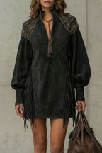 Calvetta | Women's Embroidered Fringe Detail Tunic Mini Dress