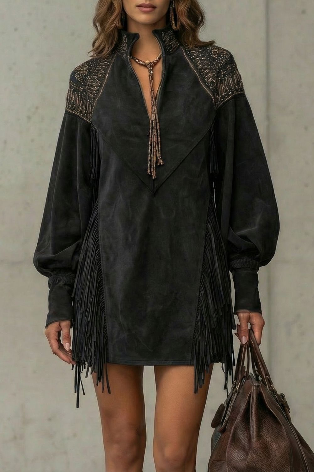 Calvetta | Women's Embroidered Fringe Detail Tunic Mini Dress