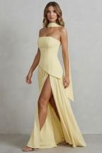 Celestara | Women's Sculpted Draped Slit Strapless Maxi Dress