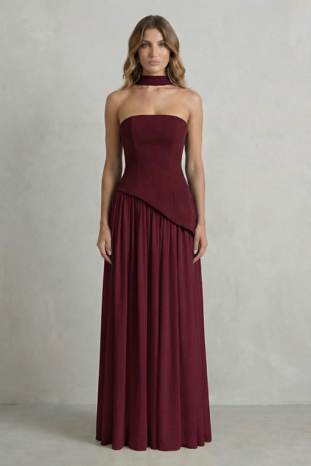 Celestara | Women's Sculpted Draped Slit Strapless Maxi Dress