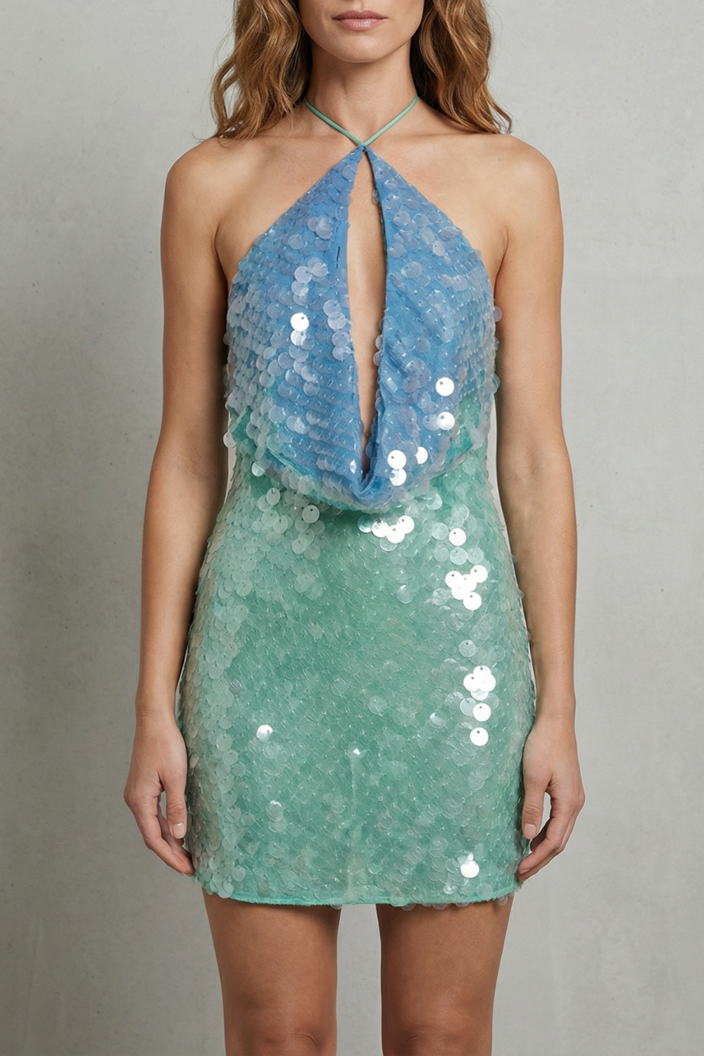 Molvina | Women's Ocean Shimmer Fade Halter Sequin Mini Dress