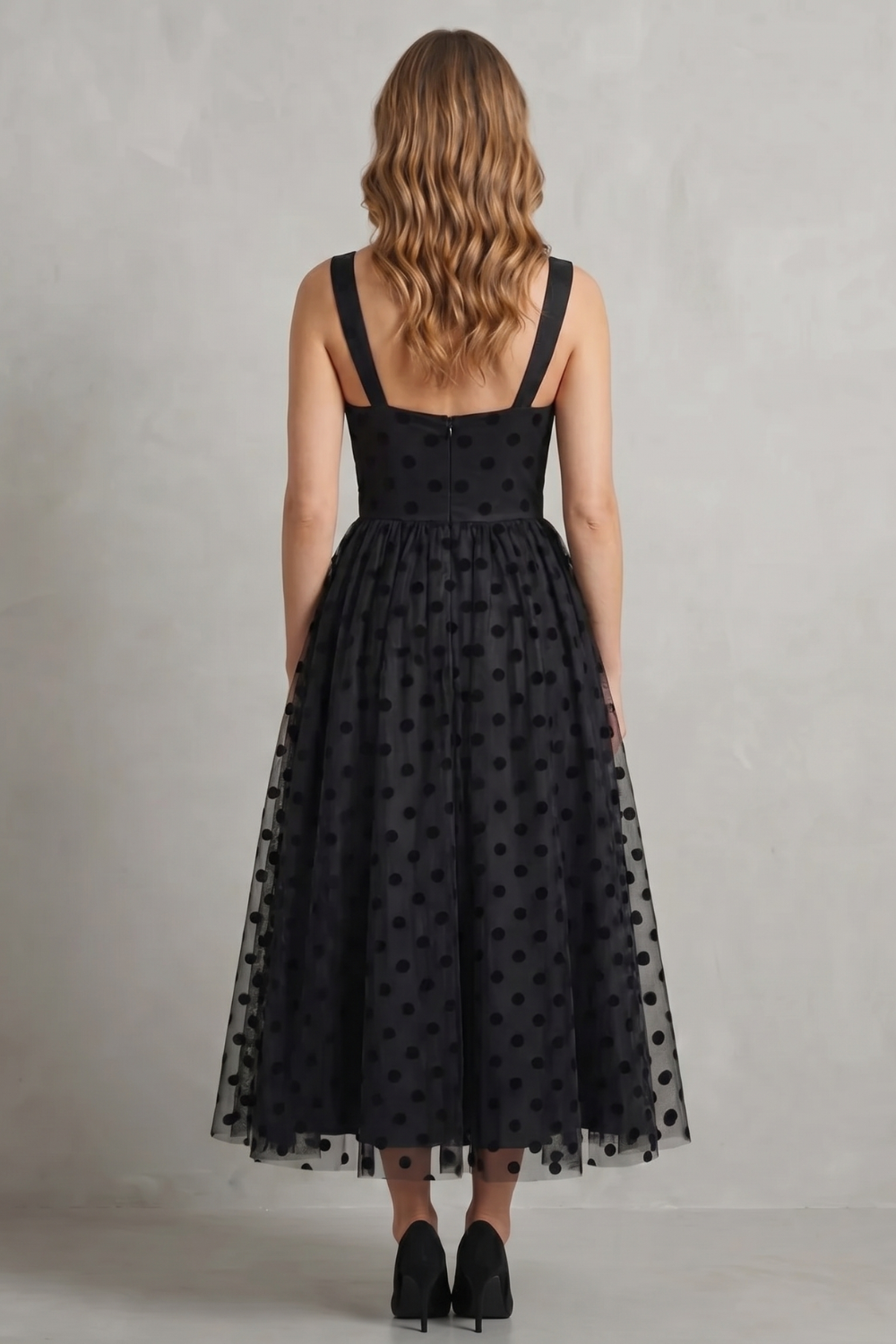 Noirabelle | Women's Polka Dot Mesh Elegance Midi Dress