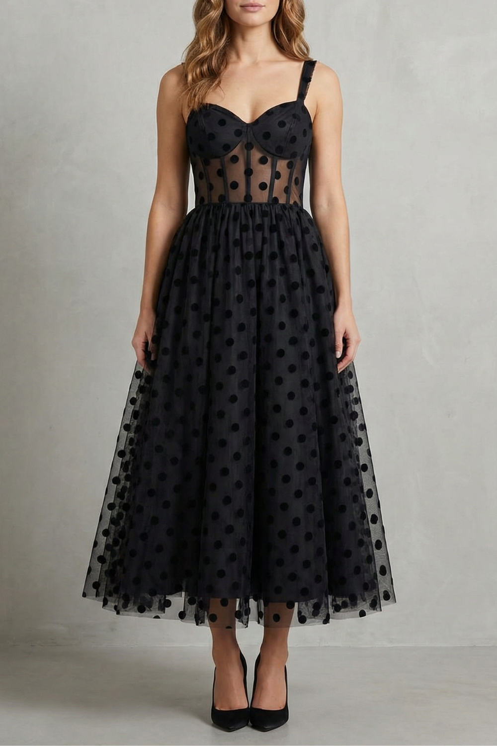 Noirabelle | Women's Polka Dot Mesh Elegance Midi Dress