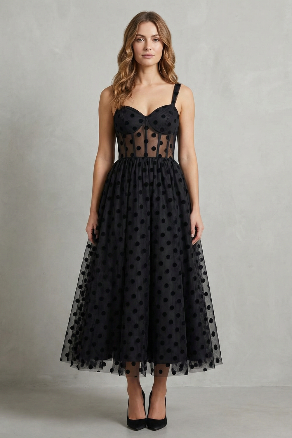 Noirabelle | Women's Polka Dot Mesh Elegance Midi Dress