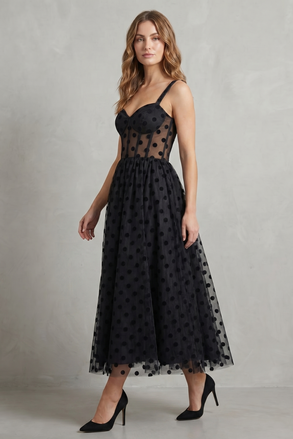 Noirabelle | Women's Polka Dot Mesh Elegance Midi Dress