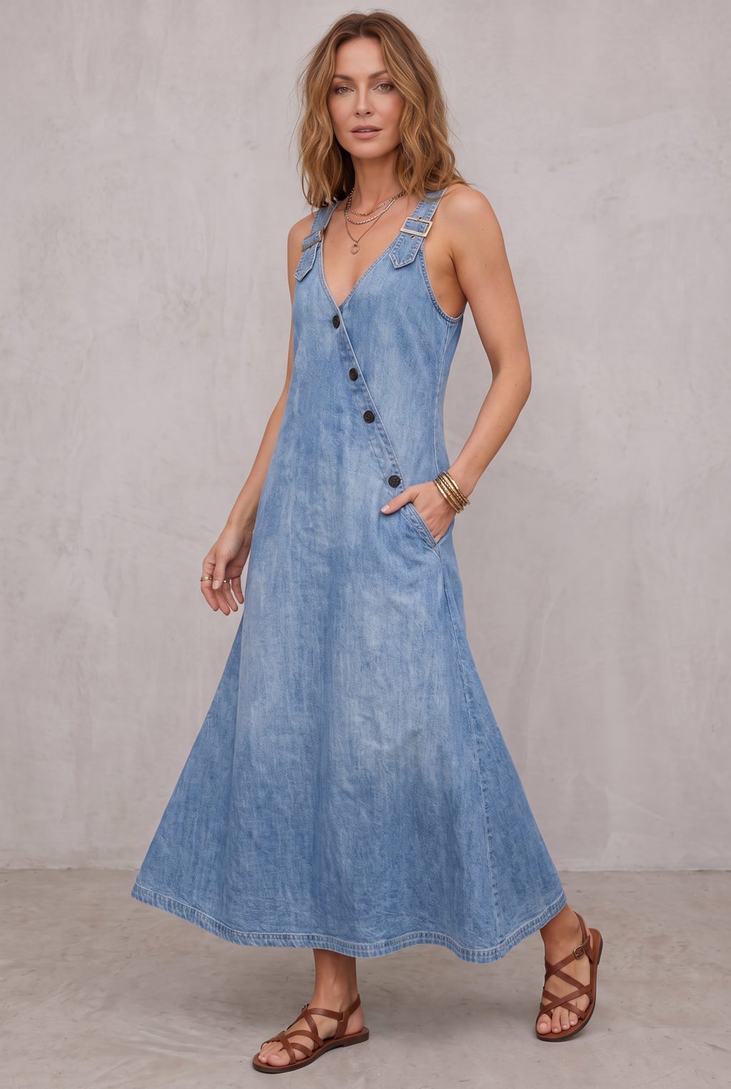 Long Denim Shirt Dress with Button Front for Women