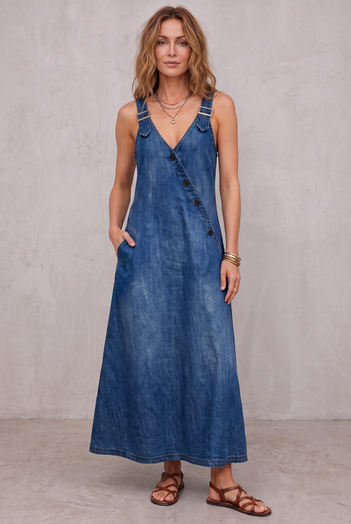 Long Denim Shirt Dress with Button Front for Women