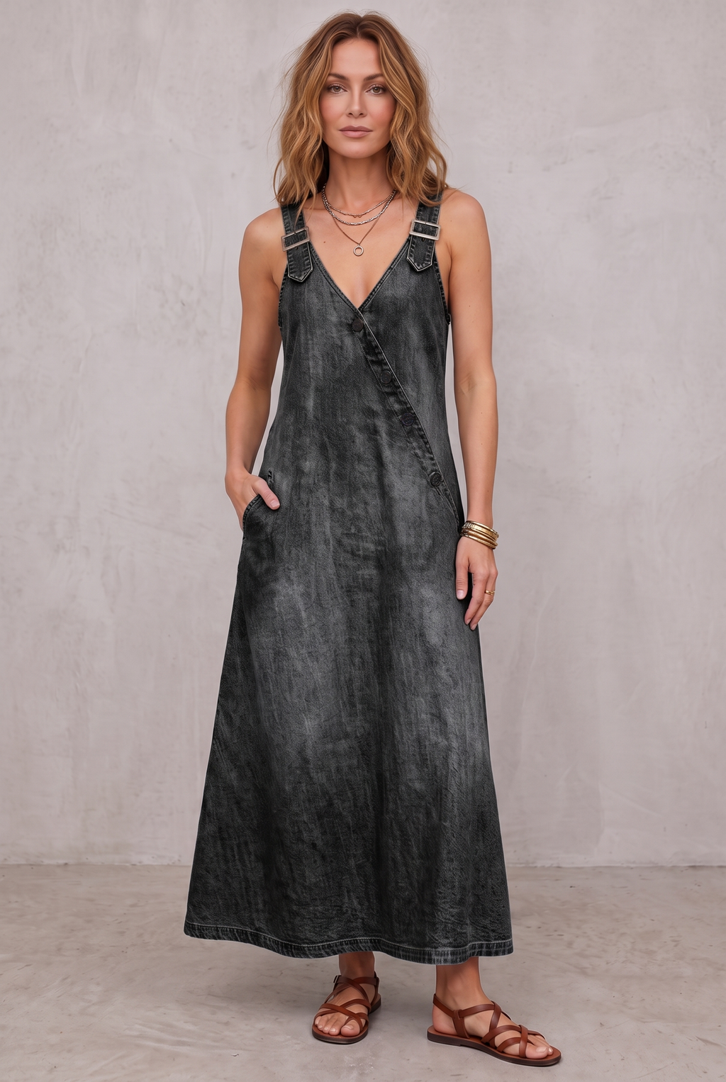 Long Denim Shirt Dress with Button Front for Women