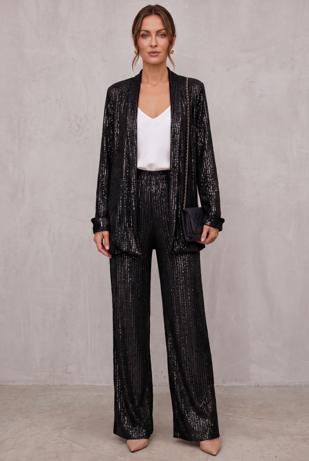 Amelia Hughes | Sequin Two-Piece Set With High-Waisted Pants For Women