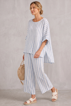 Matilda Young | Striped Linen Look Top & Wide Leg Pants Set For Women