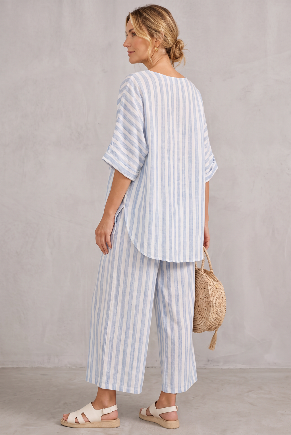 Matilda Young | Striped Linen Look Top & Wide Leg Pants Set For Women