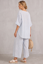 Matilda Young | Striped Linen Look Top & Wide Leg Pants Set For Women