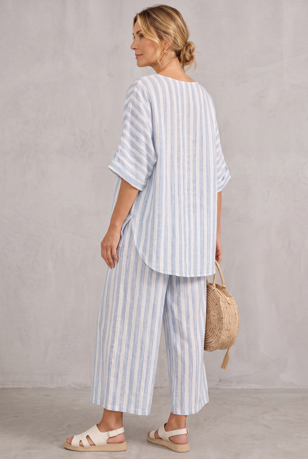 Matilda Young | Striped Linen Look Top & Wide Leg Pants Set For Women