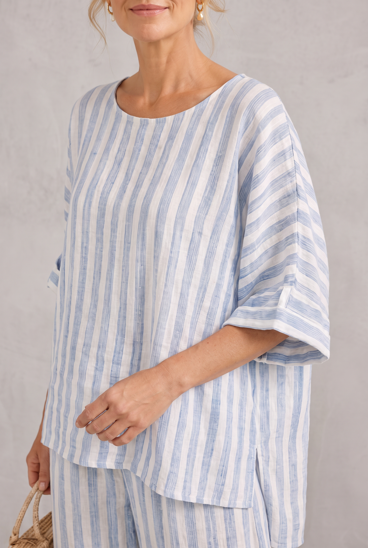 Matilda Young | Striped Linen Look Top & Wide Leg Pants Set For Women