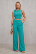 Olivia Strand | Teal Crop Top And Wide Leg Pants Set For Women