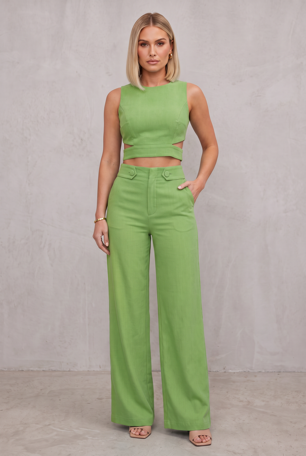 Olivia Strand | Teal Crop Top And Wide Leg Pants Set For Women