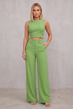 Olivia Strand | Teal Crop Top And Wide Leg Pants Set For Women