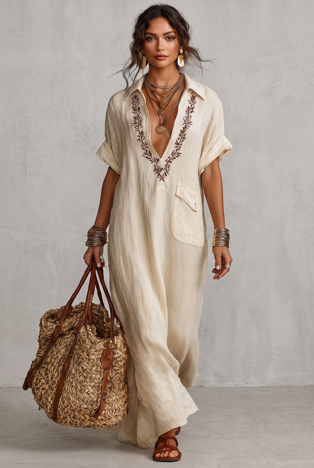 Women's Minimalist Linen Blend Embroidered Short-sleeved Shirt Maxi Dress