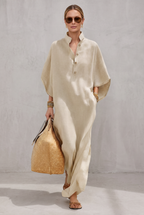 Women's Oatmeal Linen Dress With Mandarin Collar & Dolman Sleeves, Timeless Resort-Casual Style Dress