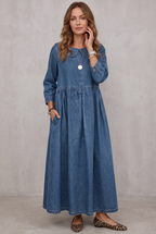 Collared Denim Dress with a Straight Cut