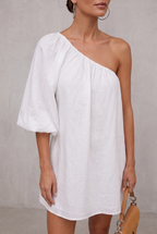 Loupe Asymmetrical Cotton and Linen Dress with Bare Shoulders