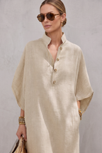 Women's Oatmeal Linen Dress With Mandarin Collar & Dolman Sleeves, Timeless Resort-Casual Style Dress