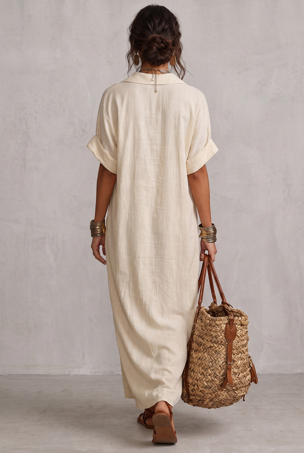 Women's Minimalist Linen Blend Embroidered Short-sleeved Shirt Maxi Dress