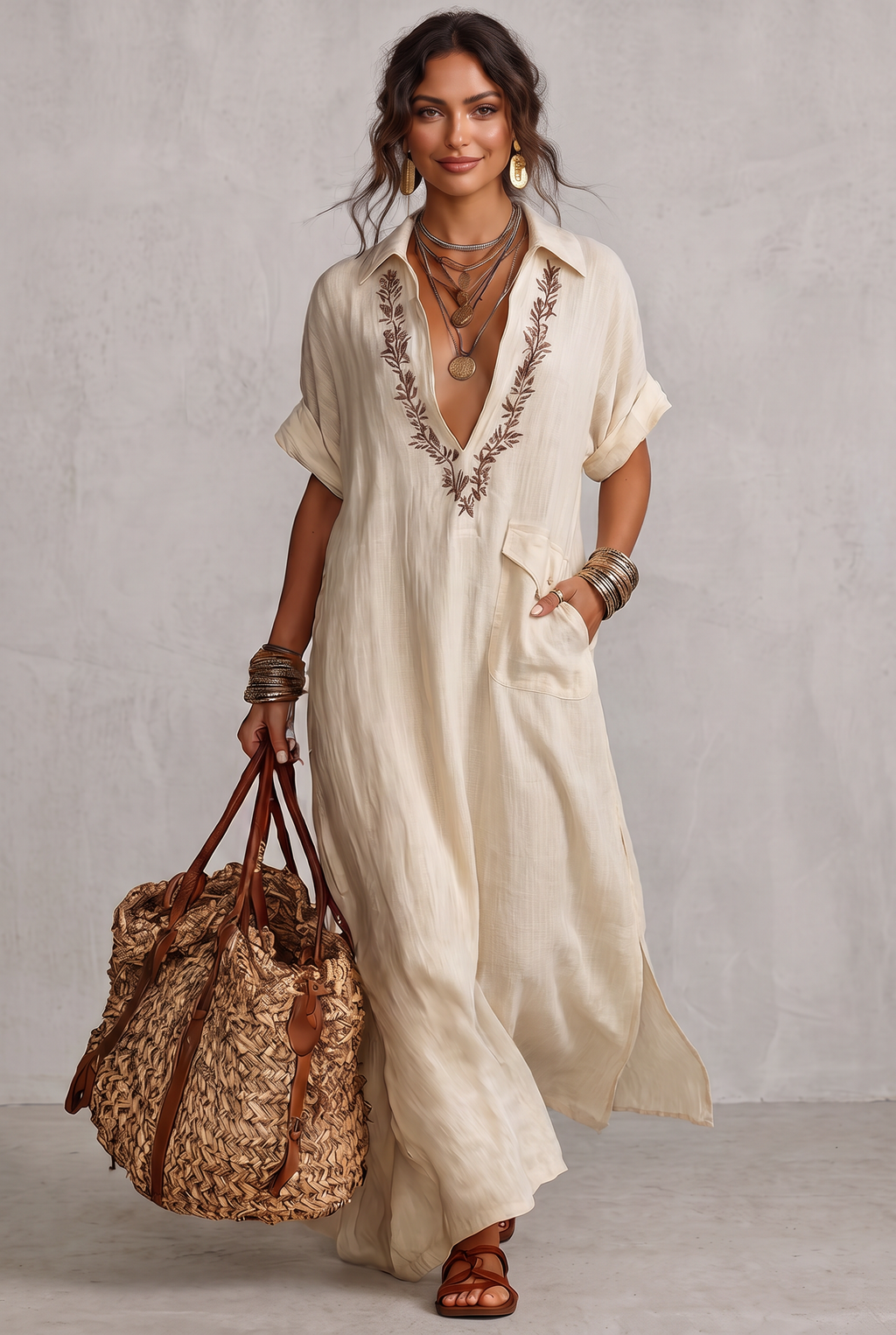 Women's Minimalist Linen Blend Embroidered Short-sleeved Shirt Maxi Dress