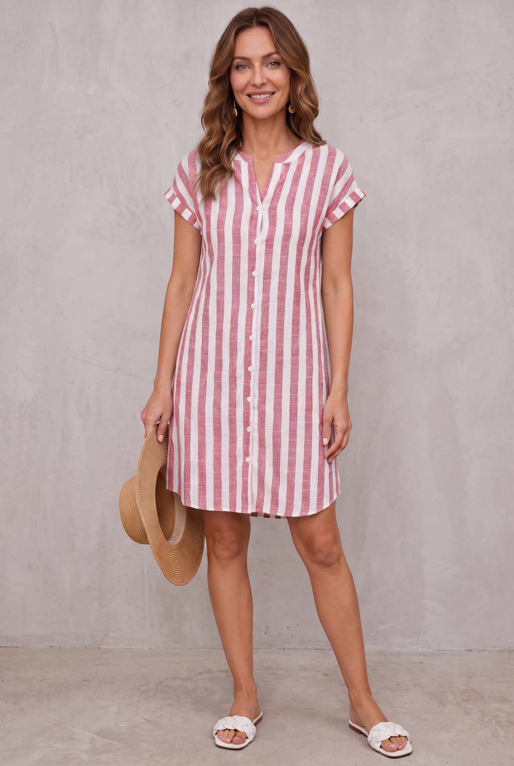 Sandrine Striped Linen Shirt Dress with Buttons