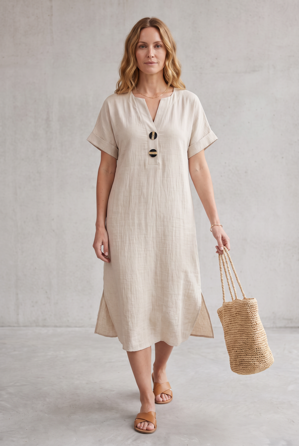 Mia Walker | Casual Linen Look Midi Dress For Women