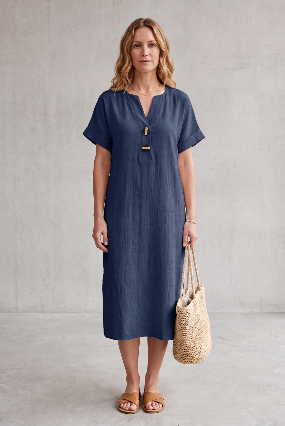 Mia Walker | Casual Linen Look Midi Dress For Women
