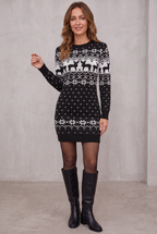 Cozy Fair Isle Women's Christmas Sweater Dress for Women with Crew Neck Long Sleeve Reindeer Bodycon Style