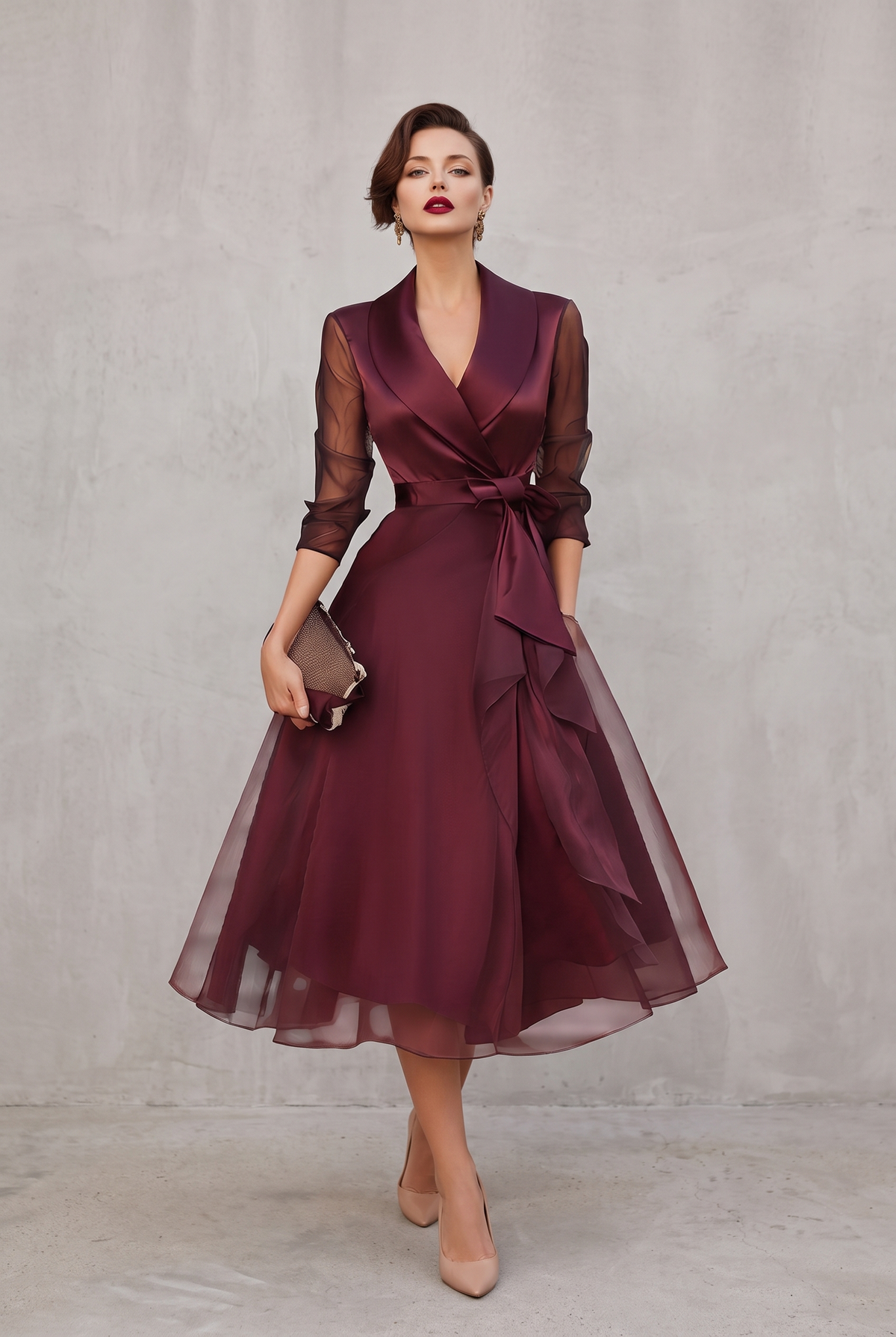 Sheer Sleeve Wrap Dress in Burgundy with Layered Hem