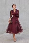 Faye | Belted Layered Midi Dress in Burgundy with Collar Detail