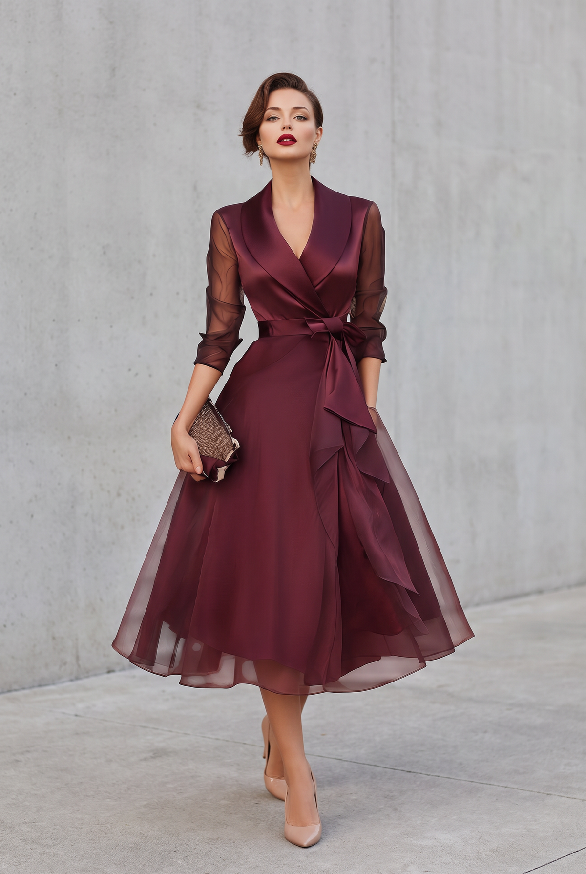 Faye | Belted Layered Midi Dress in Burgundy with Collar Detail