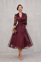 Fitted Waist Midi Wrap Dress in Deep Burgundy