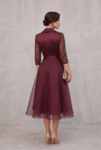 Sheer Sleeve Wrap Dress in Burgundy with Layered Hem