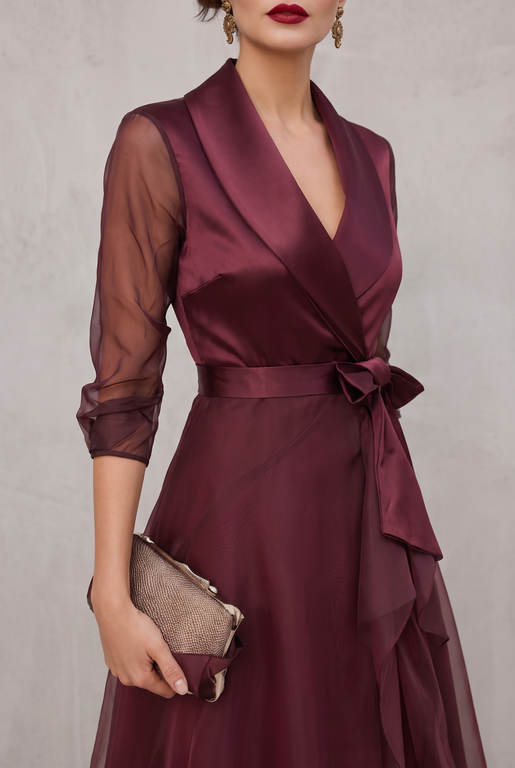 Sheer Sleeve Wrap Dress in Burgundy with Layered Hem