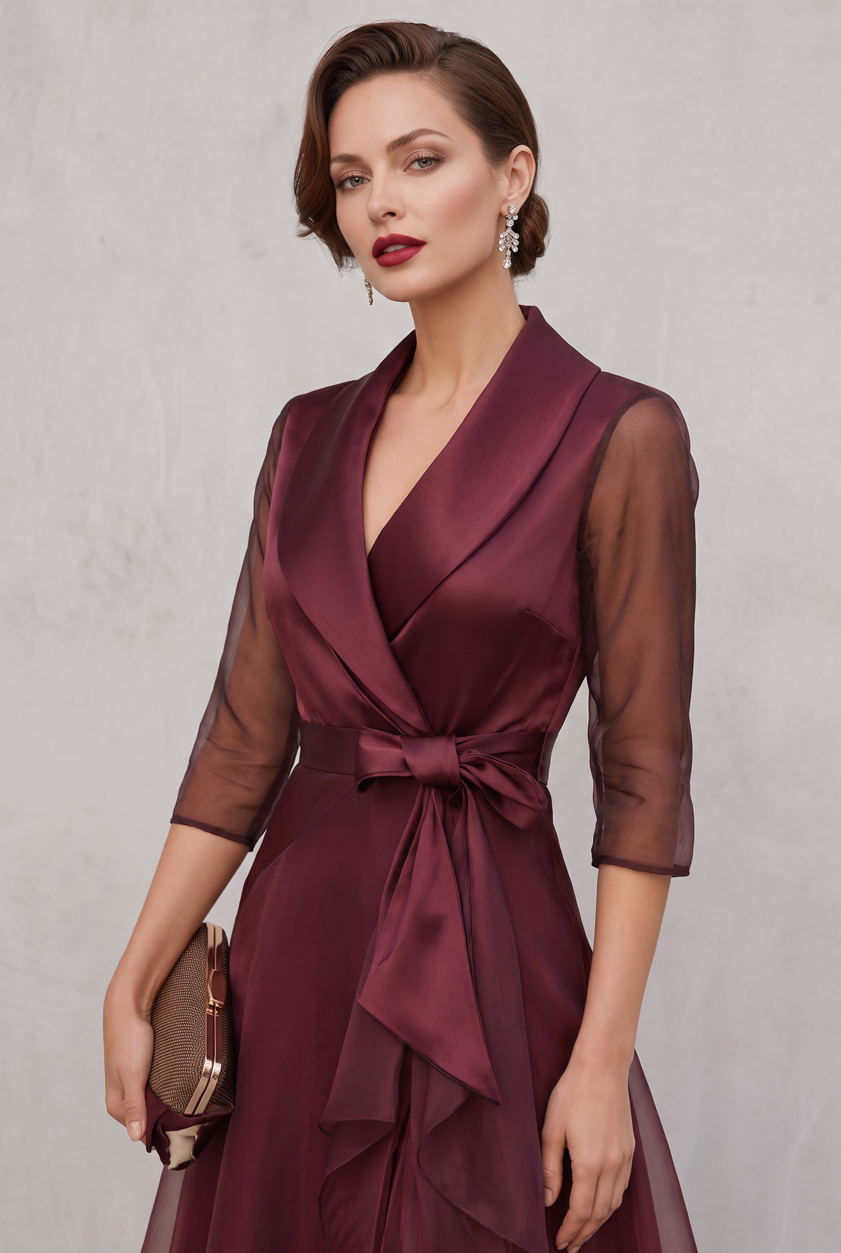 Fitted Waist Midi Wrap Dress in Deep Burgundy