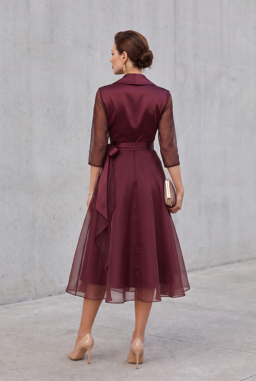 Faye | Belted Layered Midi Dress in Burgundy with Collar Detail