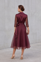 Faye | Belted Layered Midi Dress in Burgundy with Collar Detail