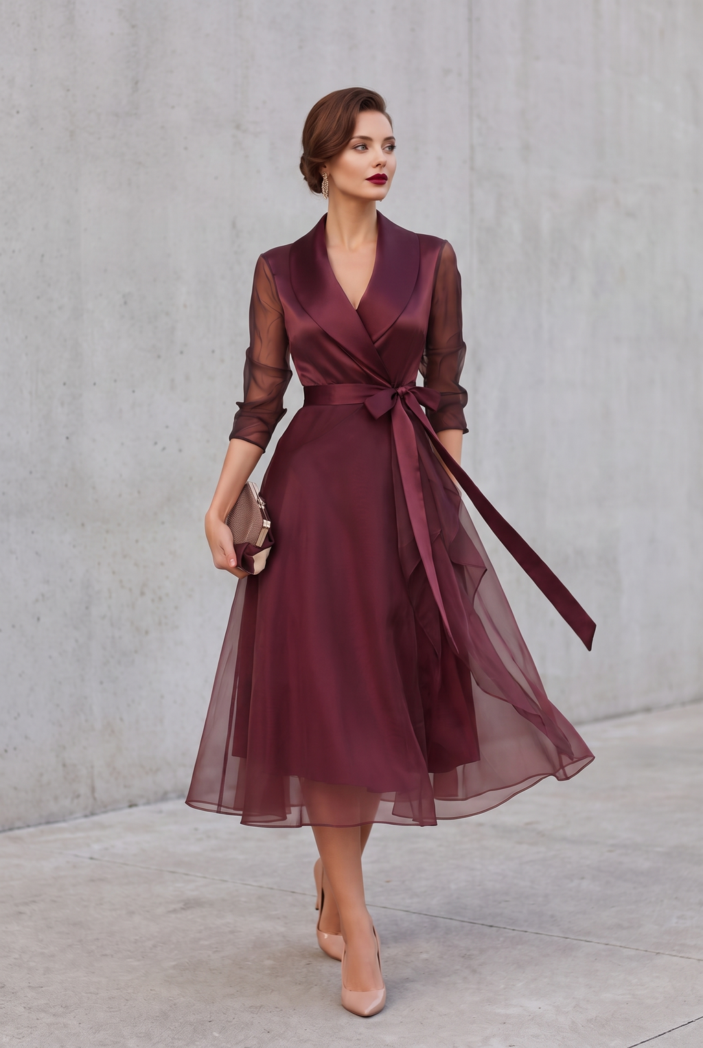 Faye | Belted Layered Midi Dress in Burgundy with Collar Detail