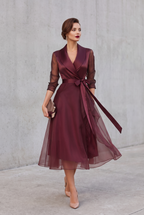 Faye | Belted Layered Midi Dress in Burgundy with Collar Detail