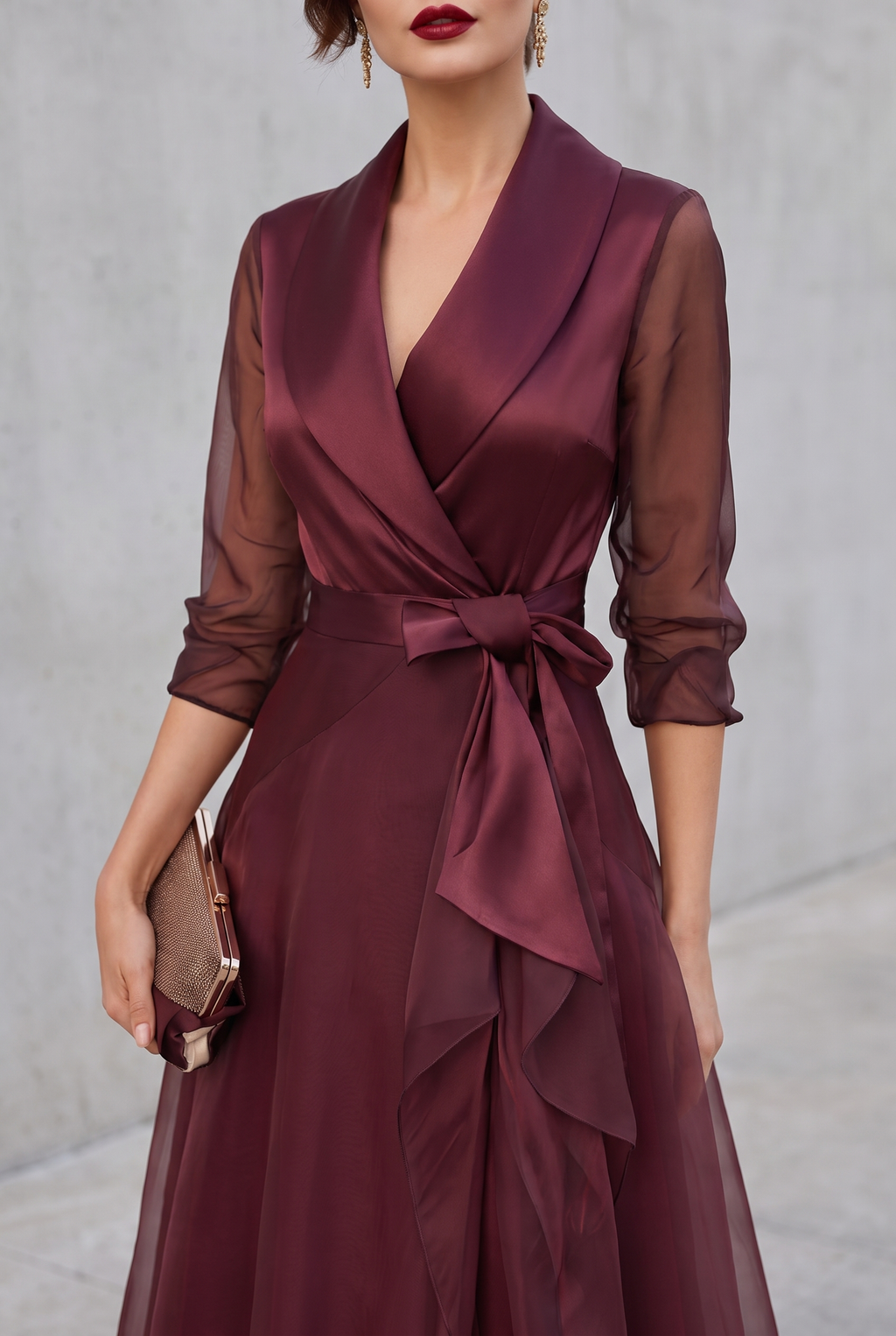 Faye | Belted Layered Midi Dress in Burgundy with Collar Detail