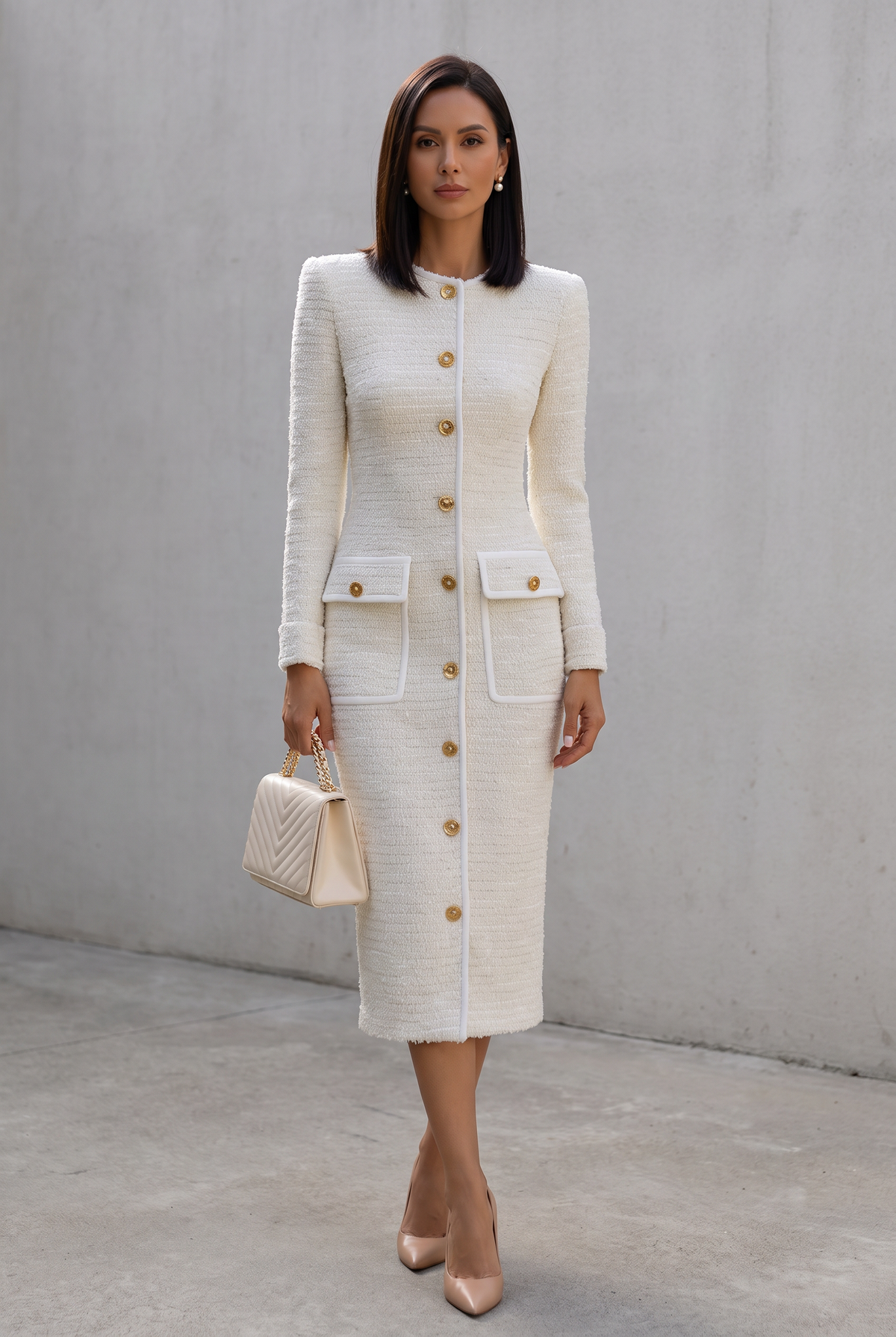 Ahtisa | Ivory Tweed Button-Down With Patch Pockets - Midi Dress