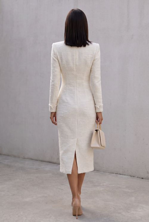 Ahtisa | Ivory Tweed Button-Down With Patch Pockets - Midi Dress