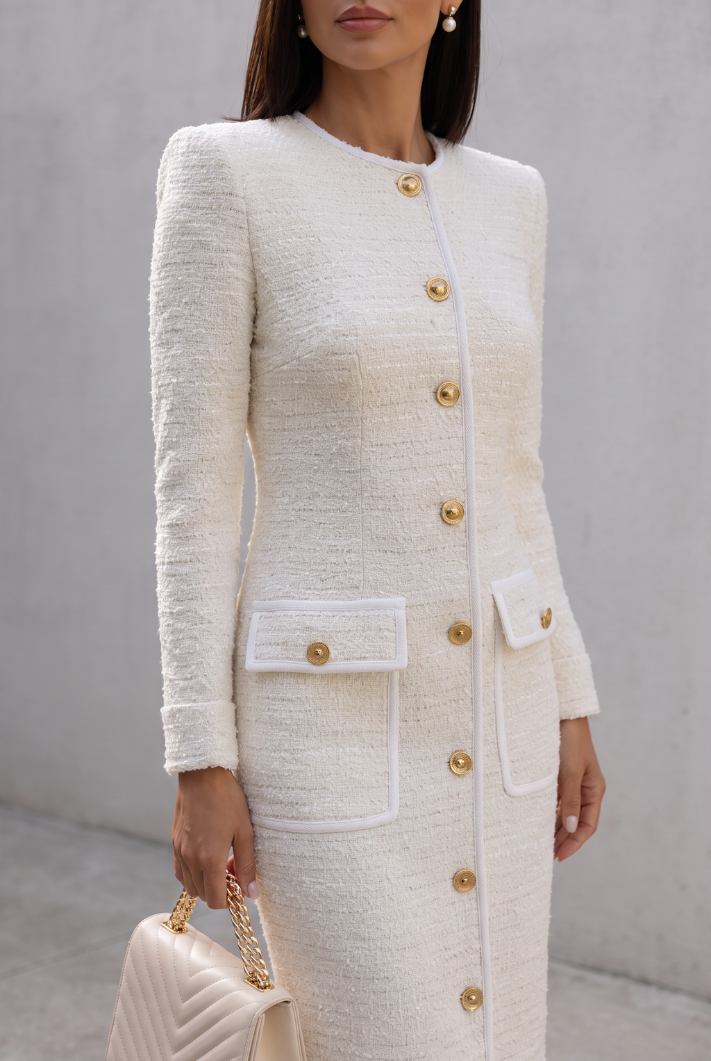 Ahtisa | Ivory Tweed Button-Down With Patch Pockets - Midi Dress